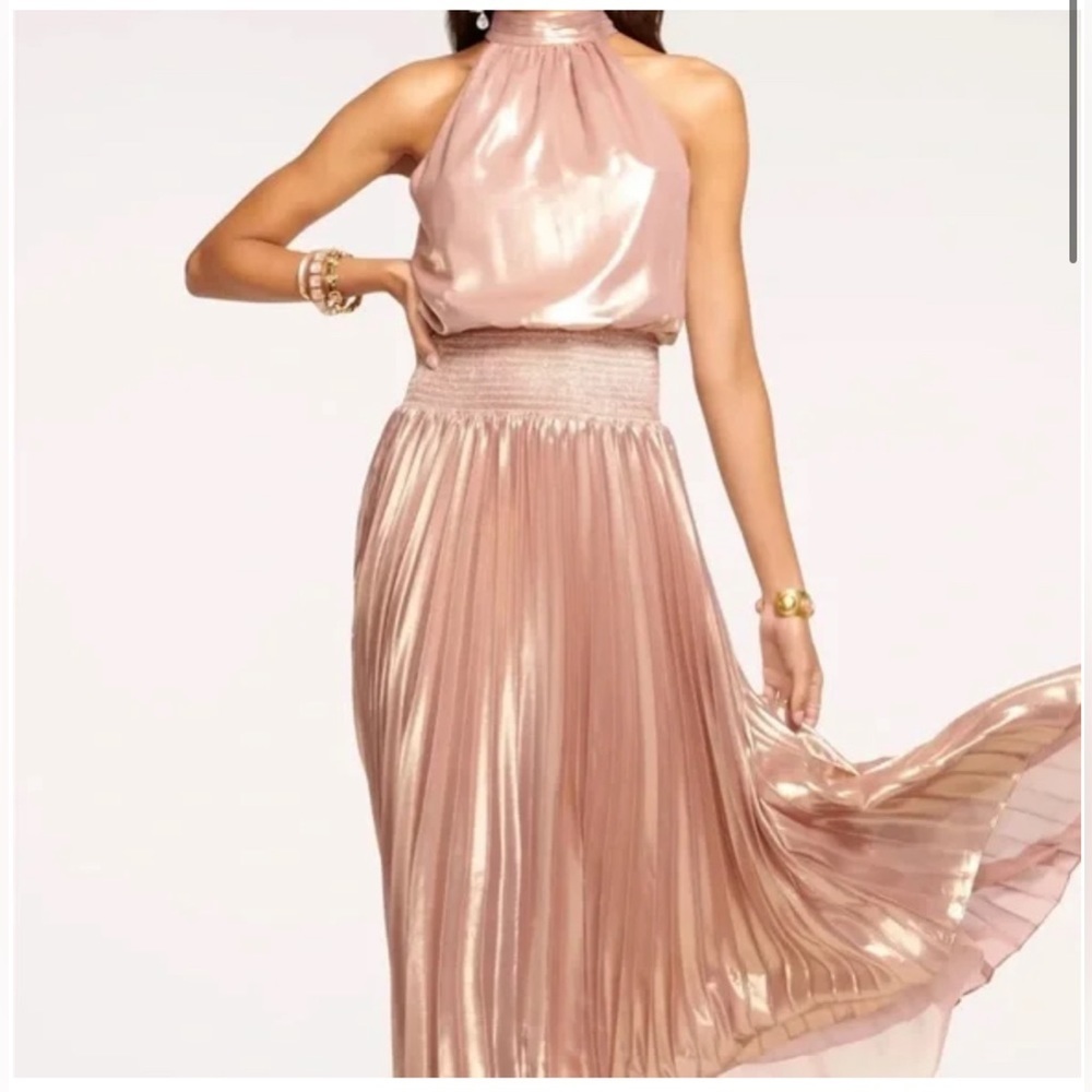 NWT Ramy Brook Olana Dress Pleated Metallic Blush Pink Midi Dress Sz 4